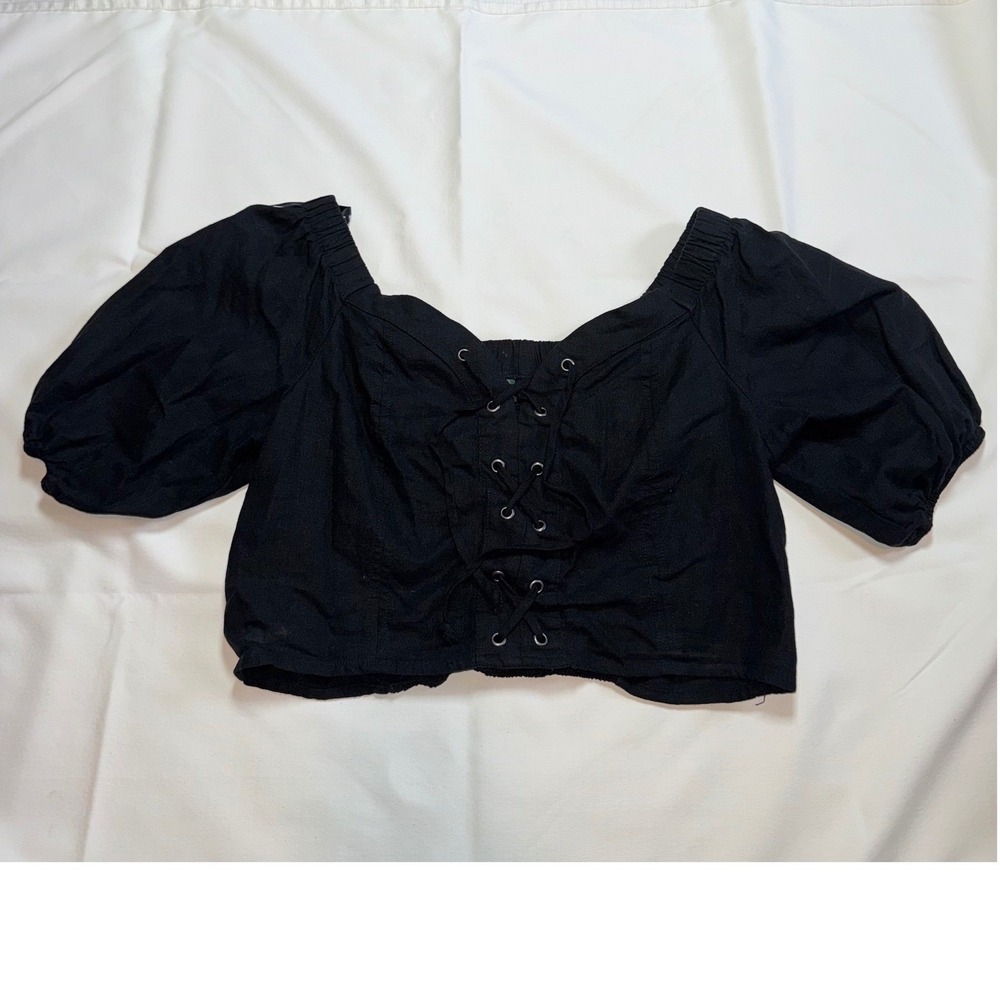 Wild Fable Black Lace Up Corset Crop Top Puff Sleeve Smocked Back‎ Large Linen